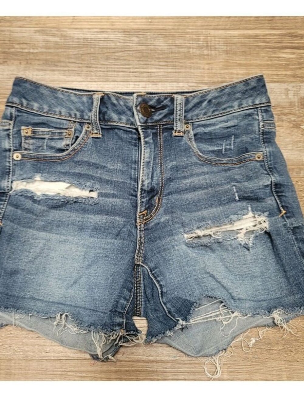 Eagle Shorts Womens 4 Hi-Rise Shortie Blue Denim Distressed Raw Hem